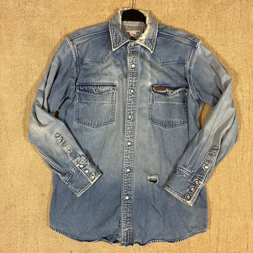 Vintage Carhartt Faded Thrashed Denim Pearl Snap Button Down Men L Workwear